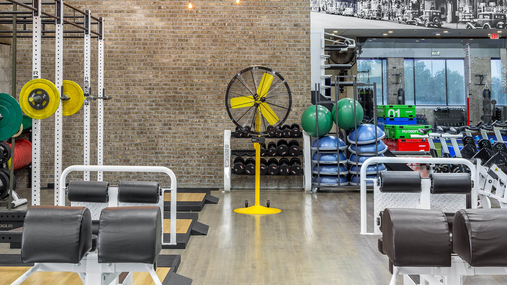 Leistungsstarker Aireye Standventilator für kühles Workout im Fitnessbereich